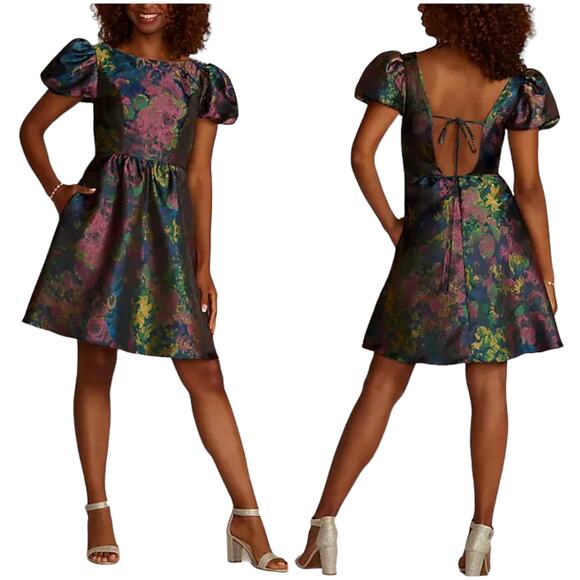 DB STUDIO Puff Sleeve Open Back Brocade A-Line Metallic Mini Dress Size 2 - Picture 1 of 12
